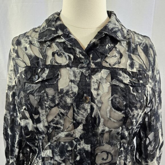 Vintage Chico's Black White Floral Sheer Mesh Burnout Lightweight Jacket Y2K - Picture 4 of 7